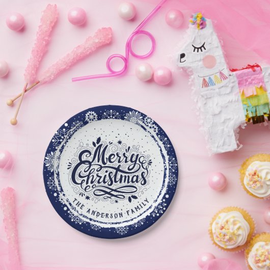 Marineblauw & Wit Minimaal Elegant Vrolijk Kerstfe Papieren Bordje (Feest)