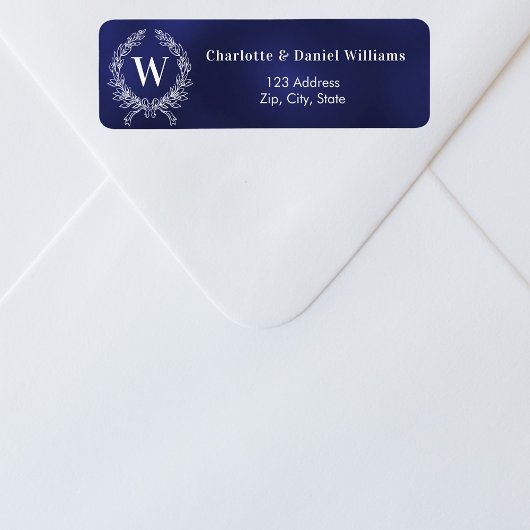 Marineblauw wit monogram krans retouradres etiket