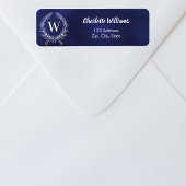 Marineblauw wit monogram krans retouradres etiket