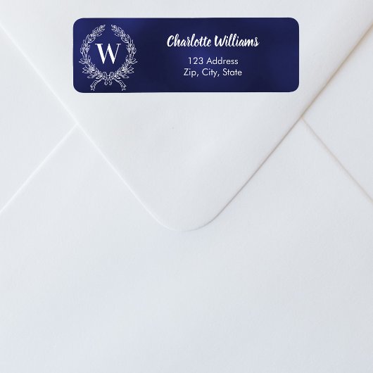Marineblauw wit monogram krans retouradres etiket
