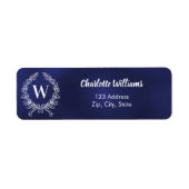 Marineblauw wit monogram krans retouradres etiket (Voorkant)