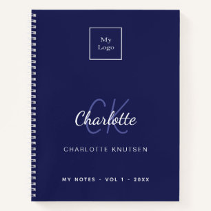 Marineblauw wit monogram naam bedrijfslogo notitieboek