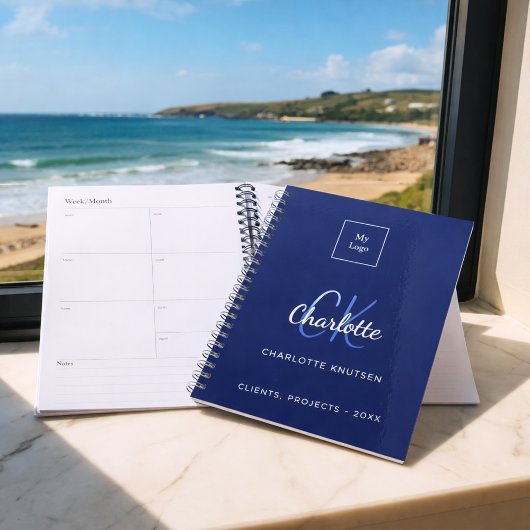 Marineblauw wit monogram zakelijk logo planner