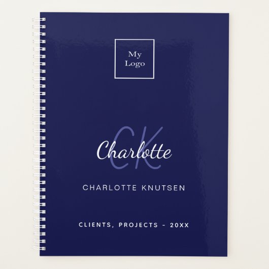 Marineblauw wit monogram zakelijk logo planner (Voorkant)