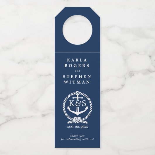 Marineblauw & Wit Nautisch Anker & Touwknoop Flessenhanger (Voorkant)