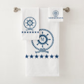 Marineblauw Wit Nautisch Boot Wiel Knoop Monogram Bad Handdoek (Insitu)