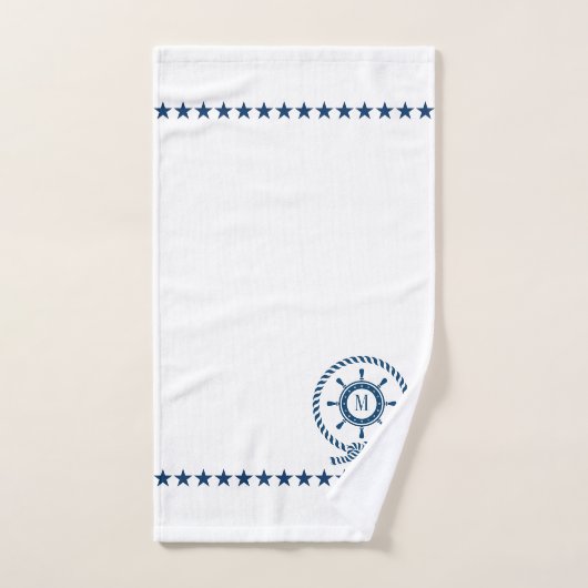 Marineblauw Wit Nautisch Boot Wiel Knoop Monogram Bad Handdoek (Handdoek)