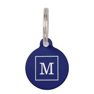 Marineblauw Wit Omlijst Initiaal Monogram Huisdierpenning