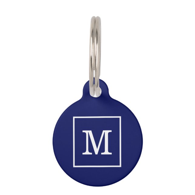 Marineblauw Wit Omlijst Initiaal Monogram Huisdierpenning (Voorkant)