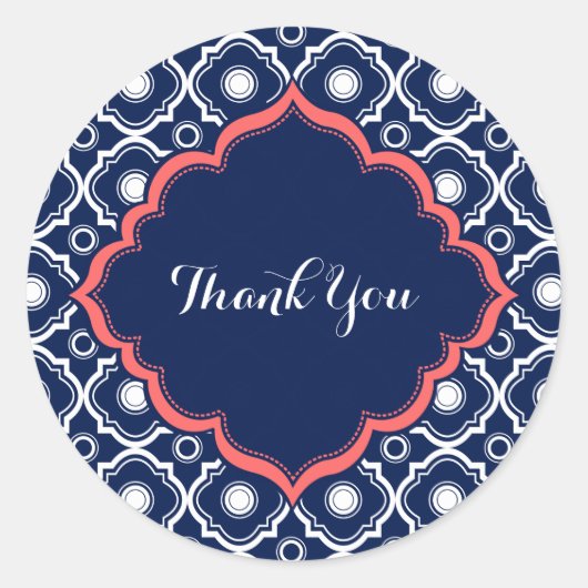 Marineblauw & Wit Quatrefoil Patroon Ronde Sticker (Voorkant)