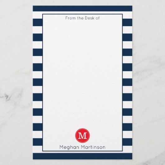 Marineblauw wit streepjes minimaal chique rood mon briefpapier (Voorkant)