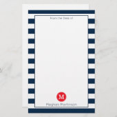 Marineblauw wit streepjes minimaal chique rood mon briefpapier (Voorkant / Achterkant)