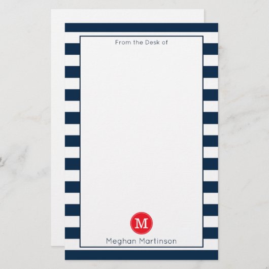 Marineblauw wit streepjes minimaal chique rood mon briefpapier (Voorkant / Achterkant)