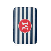 Marineblauw wit streepjes minimaal vet rood monogr badmat (Voorkant Verticaal)