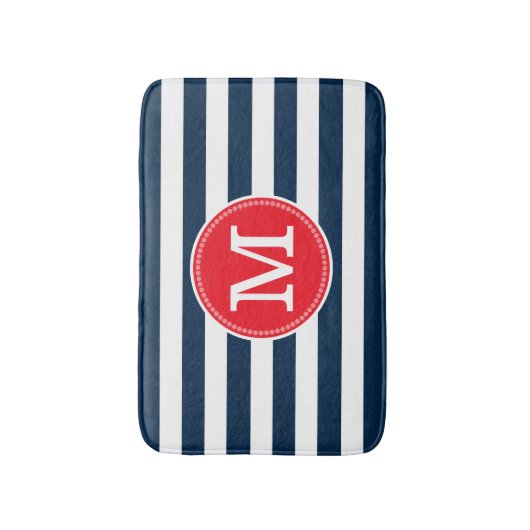 Marineblauw wit streepjes minimaal vet rood monogr badmat (Voorkant Verticaal)