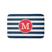 Marineblauw wit streepjes minimaal vet rood monogr badmat (Voorkant)