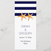 Marineblauw wit streepjes zeesterren bruiloft menu (Voorkant)