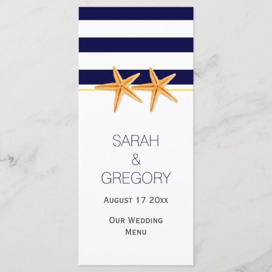 Marineblauw wit streepjes zeesterren bruiloft menu (Voorkant)
