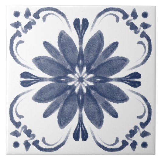 Marineblauw Wit Waterverf Azulejo Mediterraan Tegeltje (Voorkant)