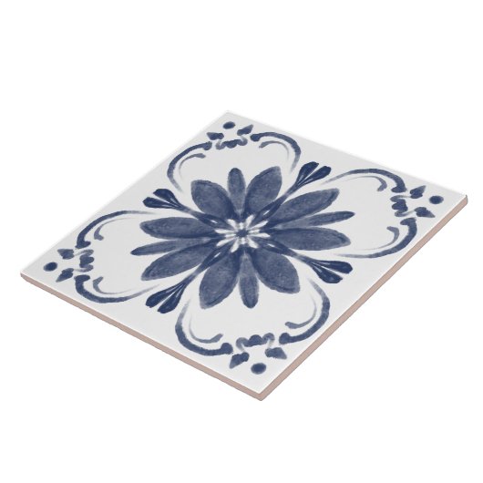 Marineblauw Wit Waterverf Azulejo Mediterraan Tegeltje (Zijkant)