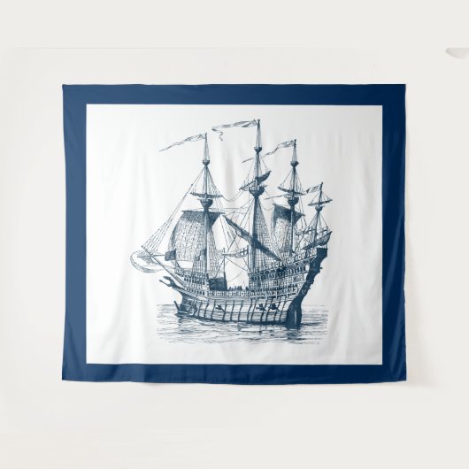 Marineblauw & wit  windzeilboot wandkleed (Voorkant (horizontaal))