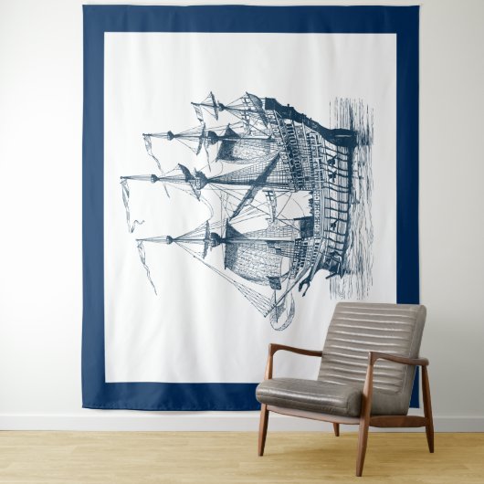 Marineblauw & wit windzeilboot wandkleed (In situ)