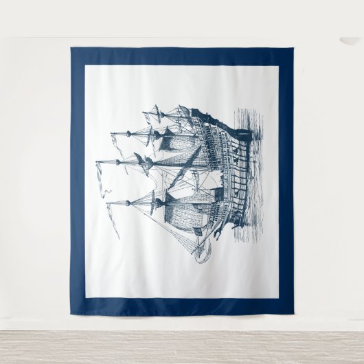 Marineblauw & wit  windzeilboot wandkleed (Voorkant)