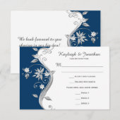 marineblauw wit zilverbloemen RSVP (Voorkant / Achterkant)