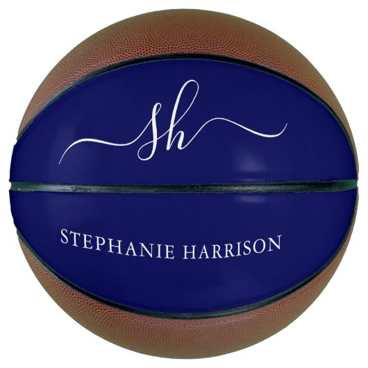 Marineblauw Witte Aangepaste Naam Monogram  Basketbal (Voorkant)