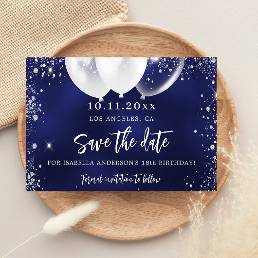 marineblauw witte ballonnen save the date