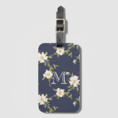Marineblauw Witte Bloem Monogram Bagagelabel (Voorkant (verticaal))