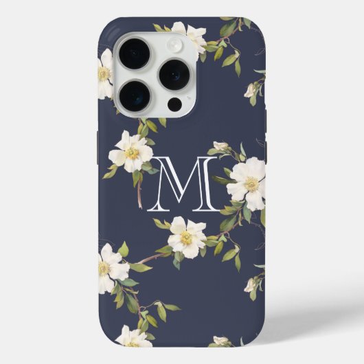 Marineblauw Witte Bloem Monogram Case-Mate iPhone Case (Achterkant)