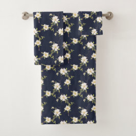 Marineblauw Witte Bloemen Bad Handdoek