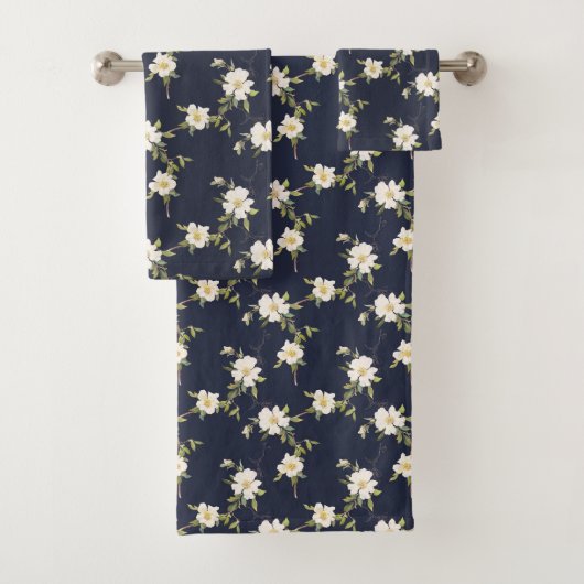 Marineblauw Witte Bloemen Bad Handdoek (Insitu)