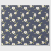 Marineblauw Witte Bloemen Cadeaupapier (Vlak)