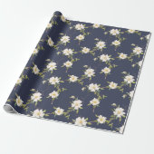 Marineblauw Witte Bloemen Cadeaupapier (Uitgerold)