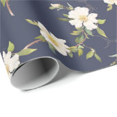 Marineblauw Witte Bloemen Cadeaupapier (Rol Hoek)