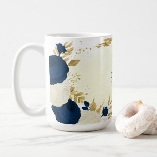 marineblauw & witte bloemen gouden botanische trou koffiemok