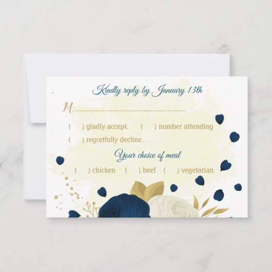marineblauw & witte bloemen gouden botanische trou RSVP kaartje (Voorkant)