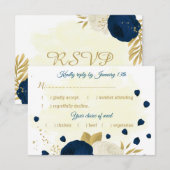 marineblauw & witte bloemen gouden botanische trou RSVP kaartje (Voorkant / Achterkant)