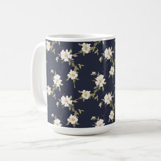 Marineblauw Witte Bloemen Koffiemok (Voorkant links)