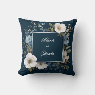 Marineblauw Witte Bloemen Moderne Vierkante Lijst Kussen