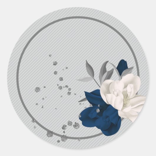 Marineblauw & witte bloemen ronde sticker (Voorkant)