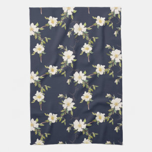 Marineblauw Witte Bloemen Theedoek