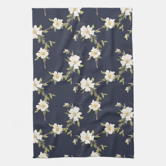 Marineblauw Witte Bloemen Theedoek (Verticaal)