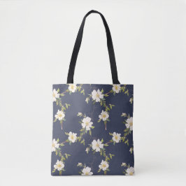 Marineblauw Witte Bloemen Tote Bag
