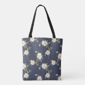 Marineblauw Witte Bloemen Tote Bag (Achterkant)