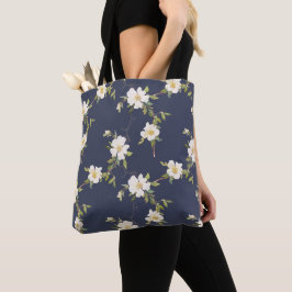 Marineblauw Witte Bloemen Tote Bag