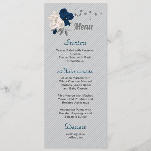 marineblauw witte bloemen zilveren bladeren bruilo menu (Voorkant)