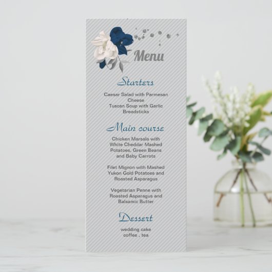 marineblauw witte bloemen zilveren bladeren bruilo menu (Staand voorkant)